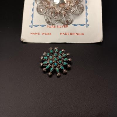 REAL FILIGREE PURE SILVER BROOCH AND A TURQUOISE AND SILVER PIN