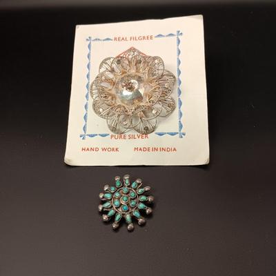 REAL FILIGREE PURE SILVER BROOCH AND A TURQUOISE AND SILVER PIN