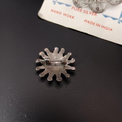 REAL FILIGREE PURE SILVER BROOCH AND A TURQUOISE AND SILVER PIN