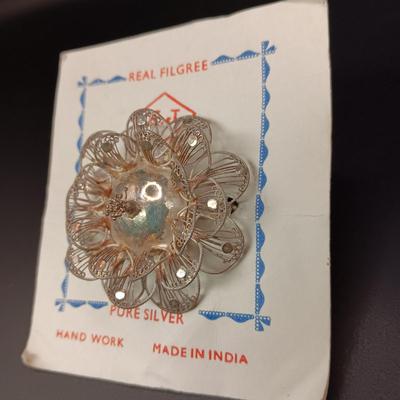 REAL FILIGREE PURE SILVER BROOCH AND A TURQUOISE AND SILVER PIN