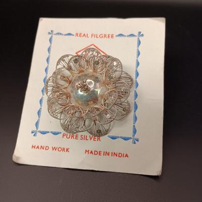 REAL FILIGREE PURE SILVER BROOCH AND A TURQUOISE AND SILVER PIN