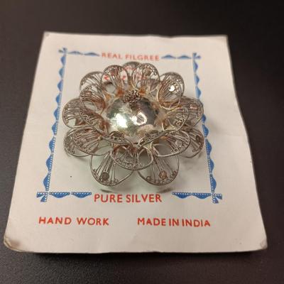 REAL FILIGREE PURE SILVER BROOCH AND A TURQUOISE AND SILVER PIN