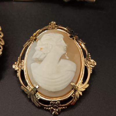 CAMEOS AND GOLD TONE LEAF BROOCHES