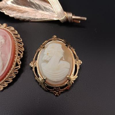 CAMEOS AND GOLD TONE LEAF BROOCHES