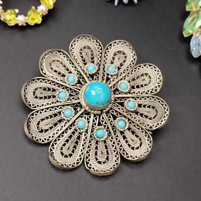 FILIGREE SILVER AND 3 OTHER UNIQUE BROOCHES