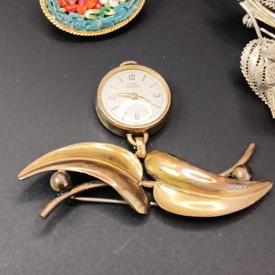 FILIGREE SILVER AND MOSAIC BROOCHES PLUS A FORSTNER BROOCH WATCH
