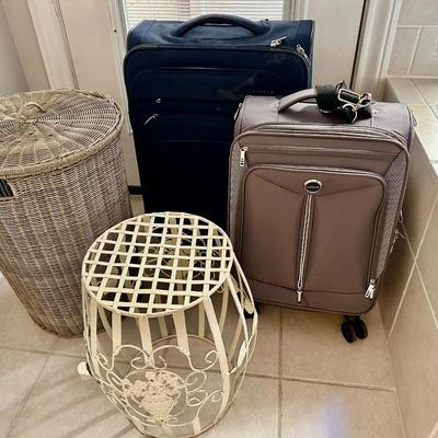 Wicker hamper, Wire Stool, 2 suitcases,