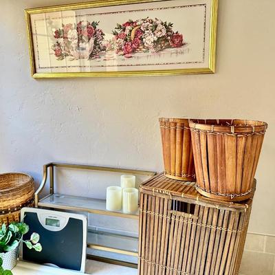 Wicker Bathroom decor lot w/ Glass & Gold step shelf & picture