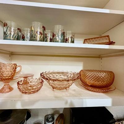 Pink Depression glass + Iris glasses
