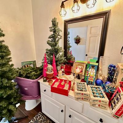 Christmas Lot w/ Blue Shiny Brites, Gorham crystal Nativity, Vintage Santa, Trees & more