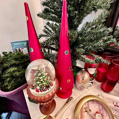 Christmas Lot w/ Blue Shiny Brites, Gorham crystal Nativity, Vintage Santa, Trees & more