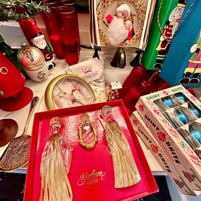 Christmas Lot w/ Blue Shiny Brites, Gorham crystal Nativity, Vintage Santa, Trees & more