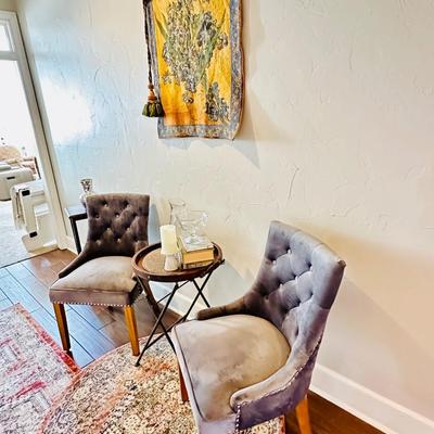 Pair Gray Velvet Chairs, 2 rugs, 2 Side tables + Decor