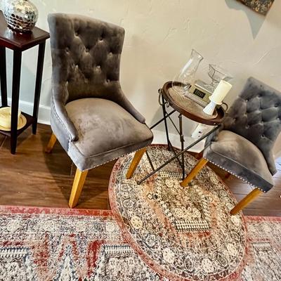 Pair Gray Velvet Chairs, 2 rugs, 2 Side tables + Decor