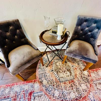 Pair Gray Velvet Chairs, 2 rugs, 2 Side tables + Decor
