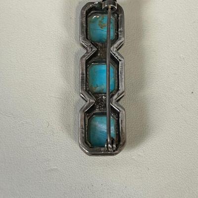 Turquoise & Marcasite Deco Style Bar Pin Brooch 10 gram 1-3/4 " Long, Beautiful~