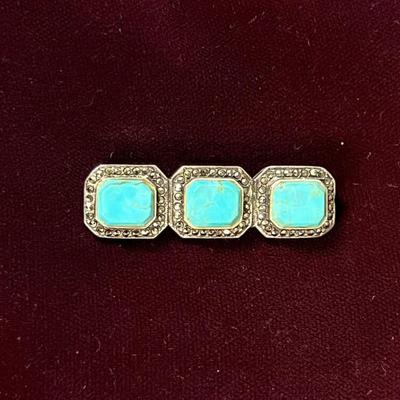 Turquoise & Marcasite Deco Style Bar Pin Brooch 10 gram 1-3/4 " Long, Beautiful~