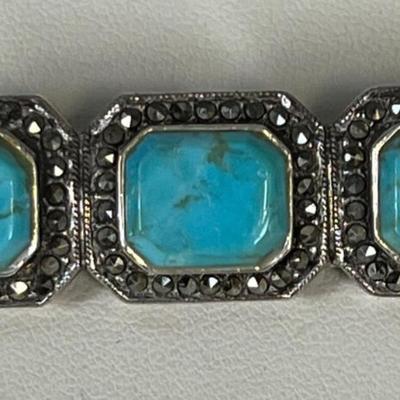 Turquoise & Marcasite Deco Style Bar Pin Brooch 10 gram 1-3/4 " Long, Beautiful~