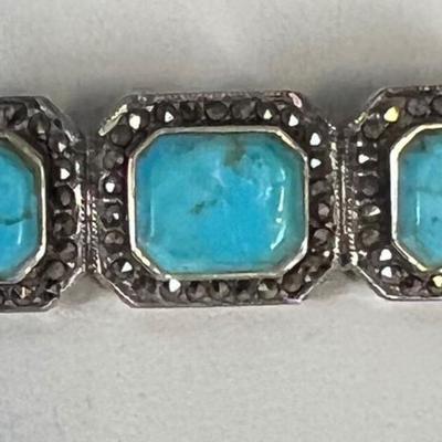 Turquoise & Marcasite Deco Style Bar Pin Brooch 10 gram 1-3/4 " Long, Beautiful~