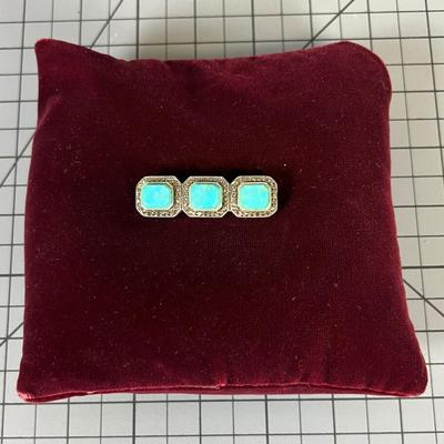 Turquoise & Marcasite Deco Style Bar Pin Brooch 10 gram 1-3/4 " Long, Beautiful~
