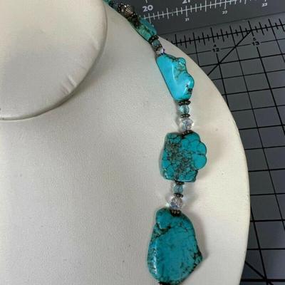 Turquoise & Crystal Beaded Necklace With .925 Silver Clasp 21"