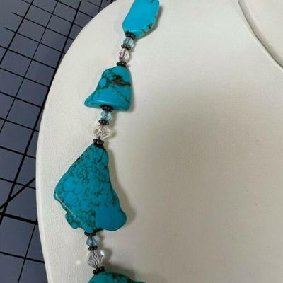 Turquoise & Crystal Beaded Necklace With .925 Silver Clasp 21"
