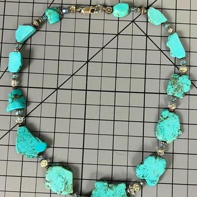 Turquoise & Crystal Beaded Necklace With .925 Silver Clasp 21"
