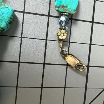 Turquoise & Crystal Beaded Necklace With .925 Silver Clasp 21"