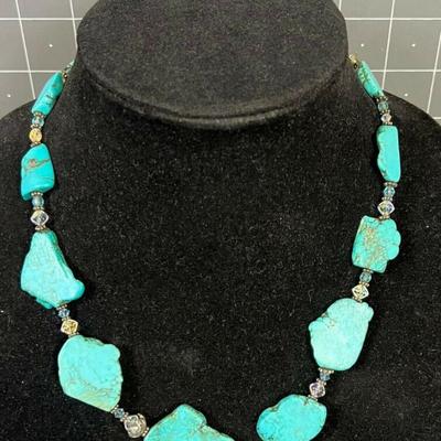 Turquoise & Crystal Beaded Necklace With .925 Silver Clasp 21"