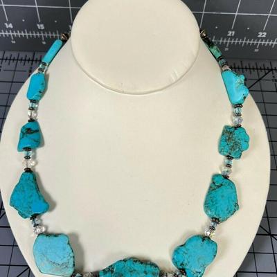 Turquoise & Crystal Beaded Necklace With .925 Silver Clasp 21"