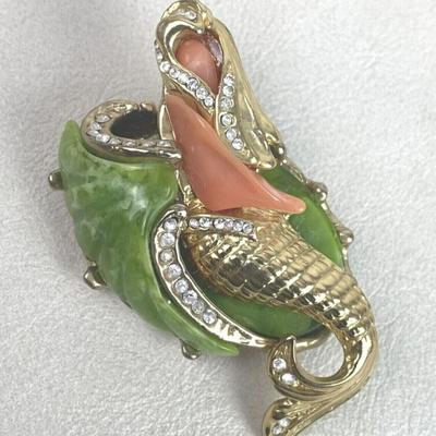 HATTIE CARNEGIE MERMAID BROOCH FAUX CORAL RHINESTONE 1960s