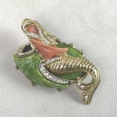 HATTIE CARNEGIE MERMAID BROOCH FAUX CORAL RHINESTONE 1960s