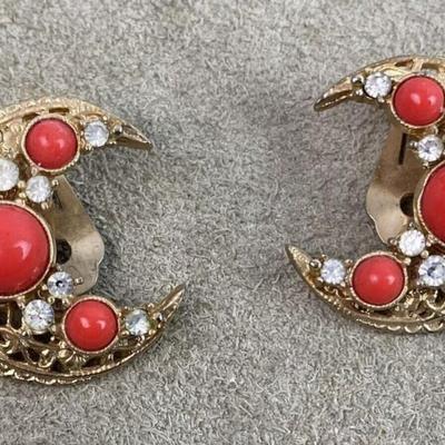 vintage Gold Bergere Victorian Revival Coral Crescent Earrings