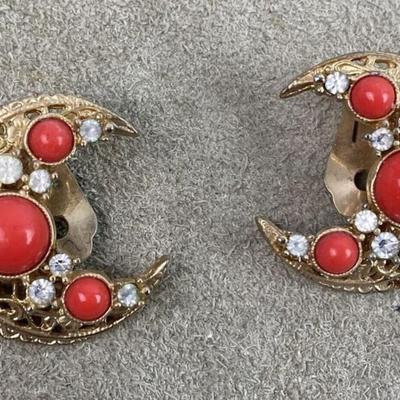 vintage Gold Bergere Victorian Revival Coral Crescent Earrings