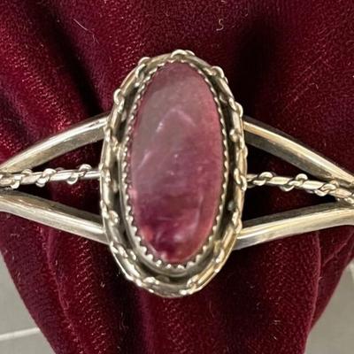 .925 Silver & Amethyst Bracelet Cut Cabochon Cuff Style Vintage Southwestern 