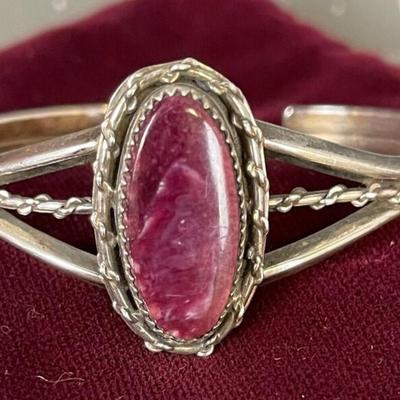 .925 Silver & Amethyst Bracelet Cut Cabochon Cuff Style Vintage Southwestern 