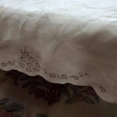 Vintage Hand Embroidered Off White Linen Tablecloth (about 64"x98") & 12 Coordinating Napkins