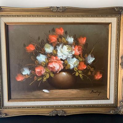 Large Oil On Canvas Signed Floral Art Gold Gilt Frame