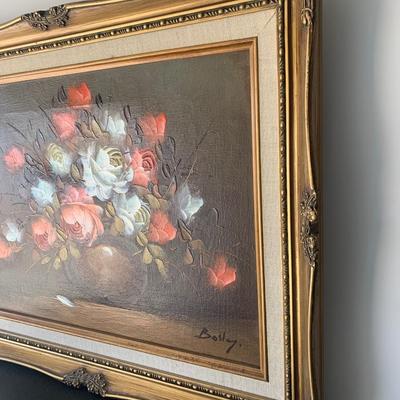 Large Oil On Canvas Signed Floral Art Gold Gilt Frame