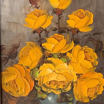 Signed Vintage Oil On Canvas Yellow Roses
