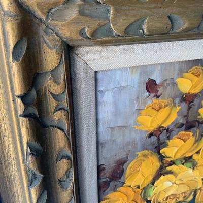 Signed Vintage Oil On Canvas Yellow Roses