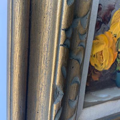 Signed Vintage Oil On Canvas Yellow Roses