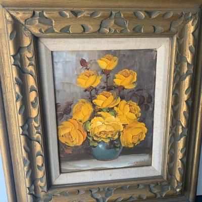 Signed Vintage Oil On Canvas Yellow Roses