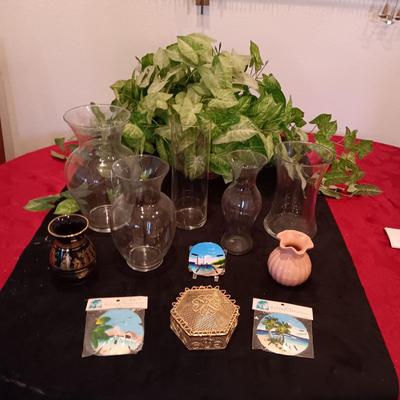 FAUX PLANT, FLOWER VASES AND PAINTED SAND DOLLAR FRIDGE MAGNETS
