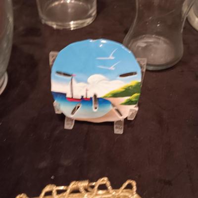FAUX PLANT, FLOWER VASES AND PAINTED SAND DOLLAR FRIDGE MAGNETS
