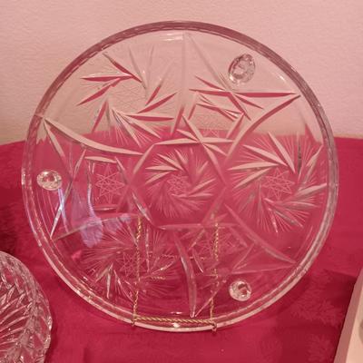 FOOTED CRYSTAL PLATTER, GORHAM GLASS SERVING BOWL, BERNARDAUD LIMOGE BUTTERFLY BOWL AND MORE