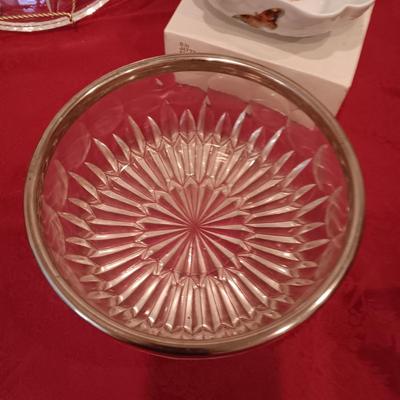 FOOTED CRYSTAL PLATTER, GORHAM GLASS SERVING BOWL, BERNARDAUD LIMOGE BUTTERFLY BOWL AND MORE