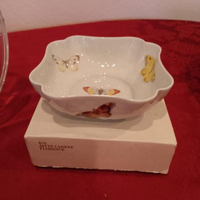 FOOTED CRYSTAL PLATTER, GORHAM GLASS SERVING BOWL, BERNARDAUD LIMOGE BUTTERFLY BOWL AND MORE