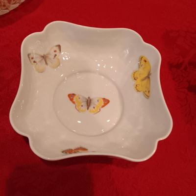 FOOTED CRYSTAL PLATTER, GORHAM GLASS SERVING BOWL, BERNARDAUD LIMOGE BUTTERFLY BOWL AND MORE