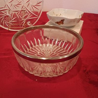 FOOTED CRYSTAL PLATTER, GORHAM GLASS SERVING BOWL, BERNARDAUD LIMOGE BUTTERFLY BOWL AND MORE